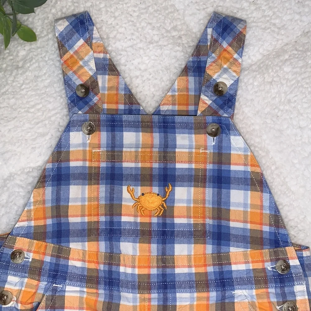 Janie and Jack Crab Overalls EUC Blue & Orange Shortalls 6-12M